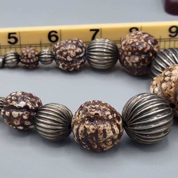 Chunky Large Brown Beaded Boho Necklace Textured Silver Beads Artisan Made 16" - Picture 8 of 9